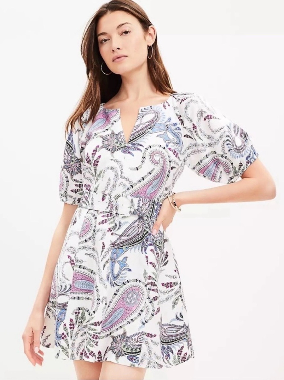 LOFT White Paisley Mini Dress with Pink and Blue Accents